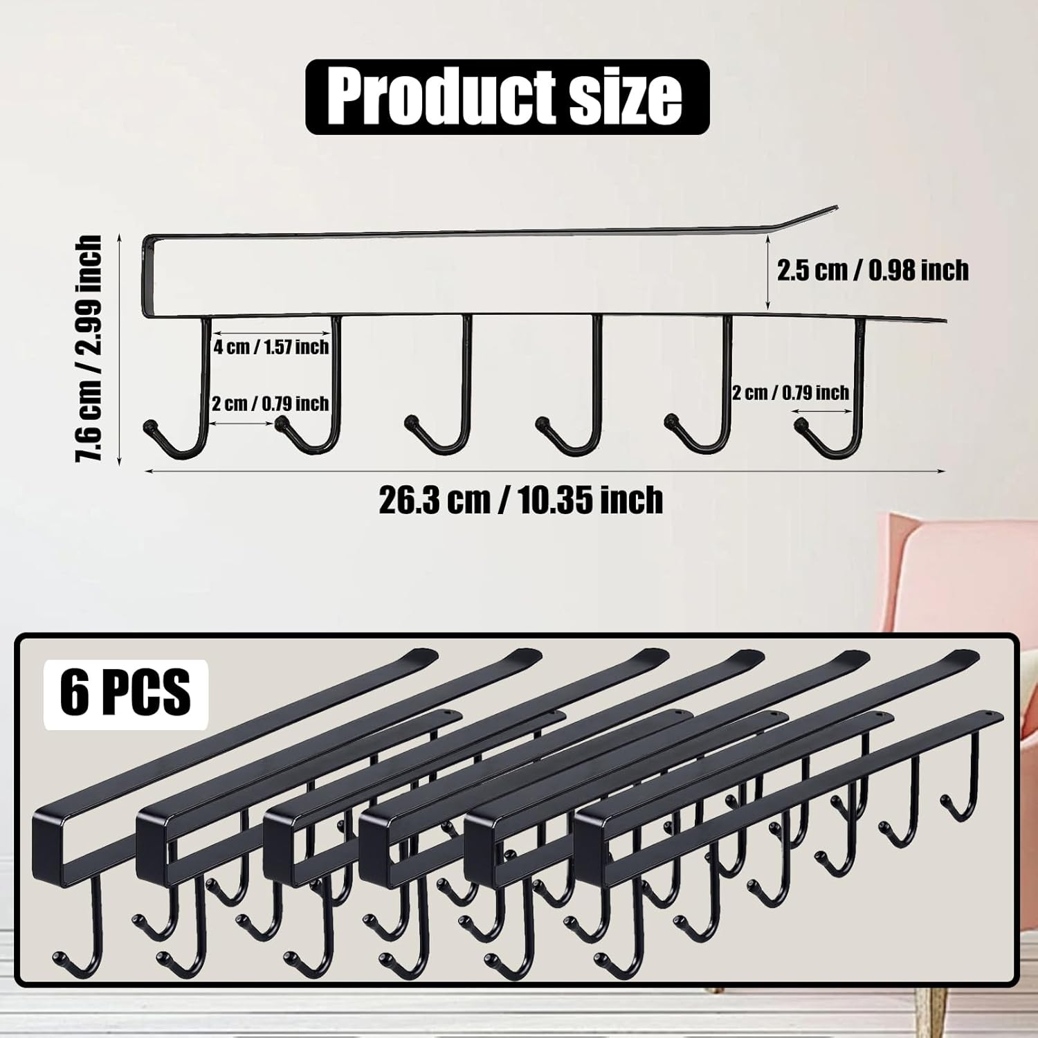 6PCS Mug Hooks Under Cabinet,Mug Holder Under Shelf,Coffee Cups Holder Hanger with 6 Hooks for Kitchen Utensils,Fit for 0.95 inch Thickness or Less,Drilling Free (Black)