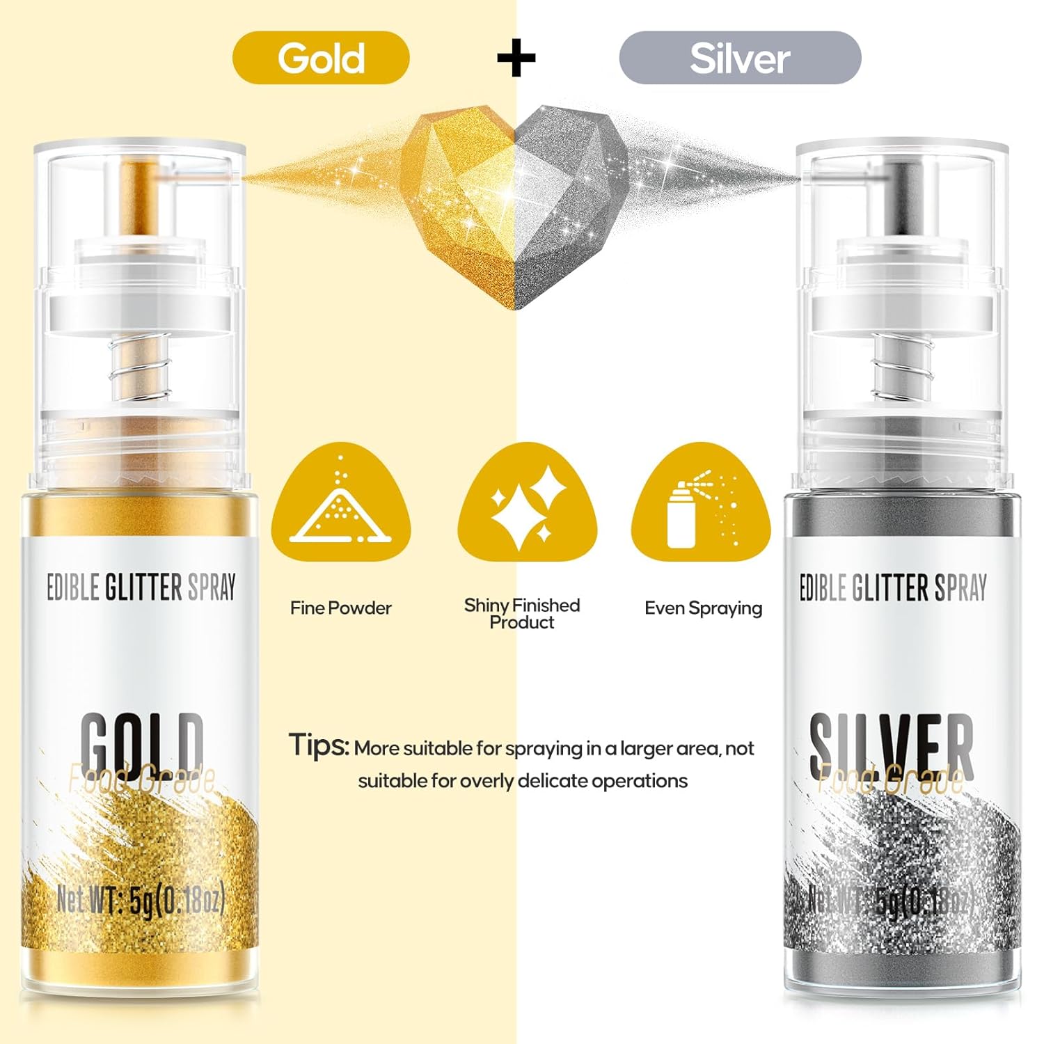 Edible Glitter Spray,Gold & Silver 2 Colors Food Grade Edible Glitter Set for Drink Cake Beverages,Cupcakes,Cake Pops and Cookies Decorating
