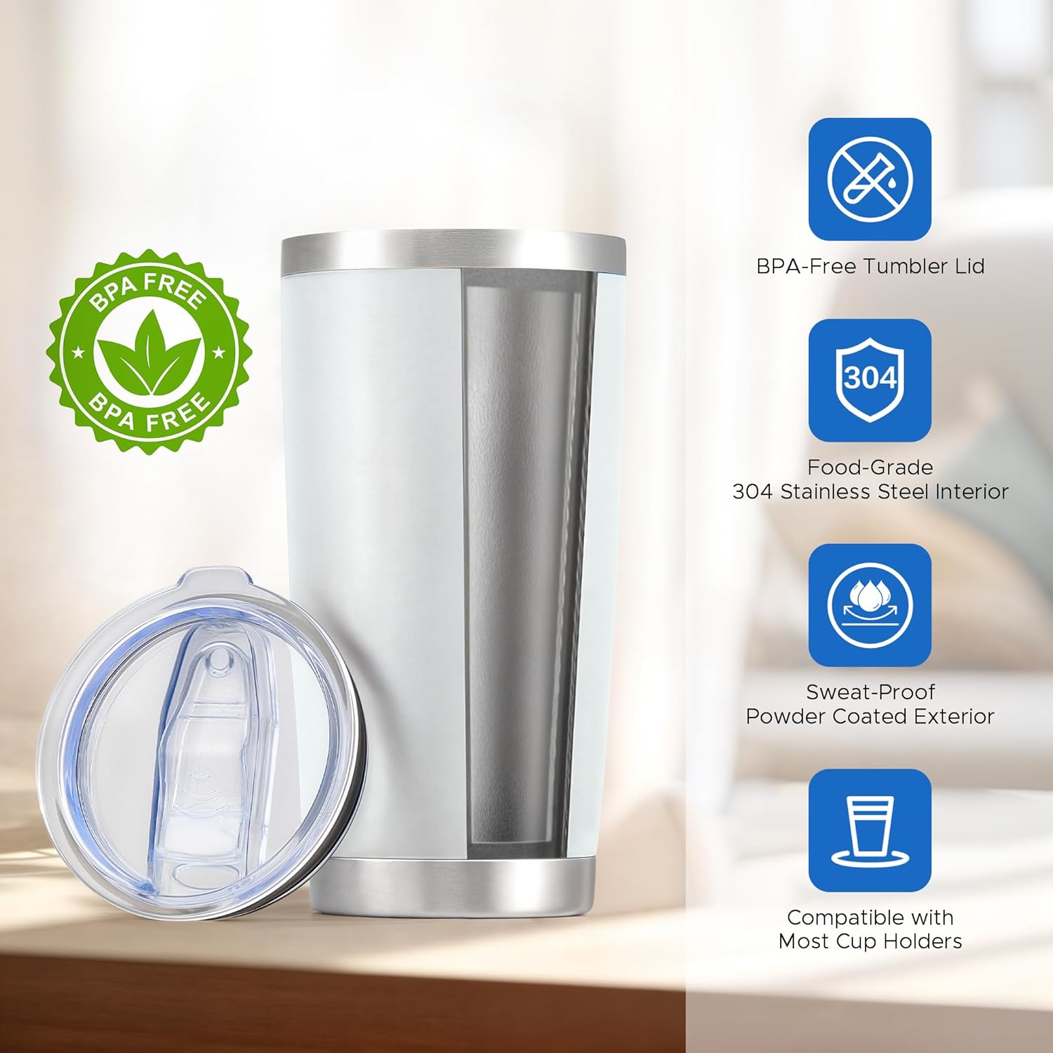 OMTech 20oz Tumblers Bulk, 12pc Stainless Steel Tumbler Set with Lid & Straw, Double Wall Vacuum Insulated Mug for Laser Engraver, Travel Coffee Mug for Hot & Cold Drinks, White Powder Coated Cup