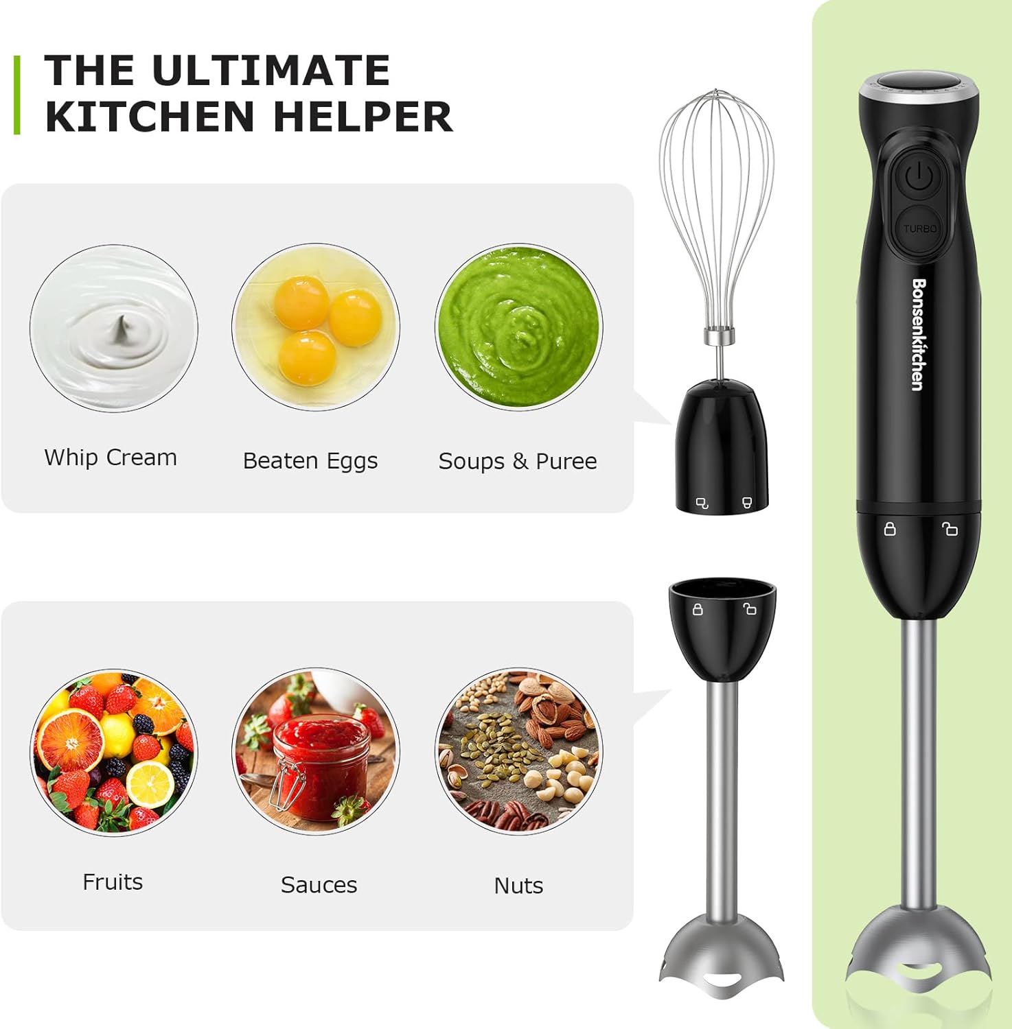 Bonsenkitchen Immersion Blender Handheld, 12-Speed and Turbo Hand Blender Electric with Sharp Blades, 3-In-1 Hand Held Stick Mixer with Egg Whisk, 24oz Beaker for Soups, Smoothies, Sauce