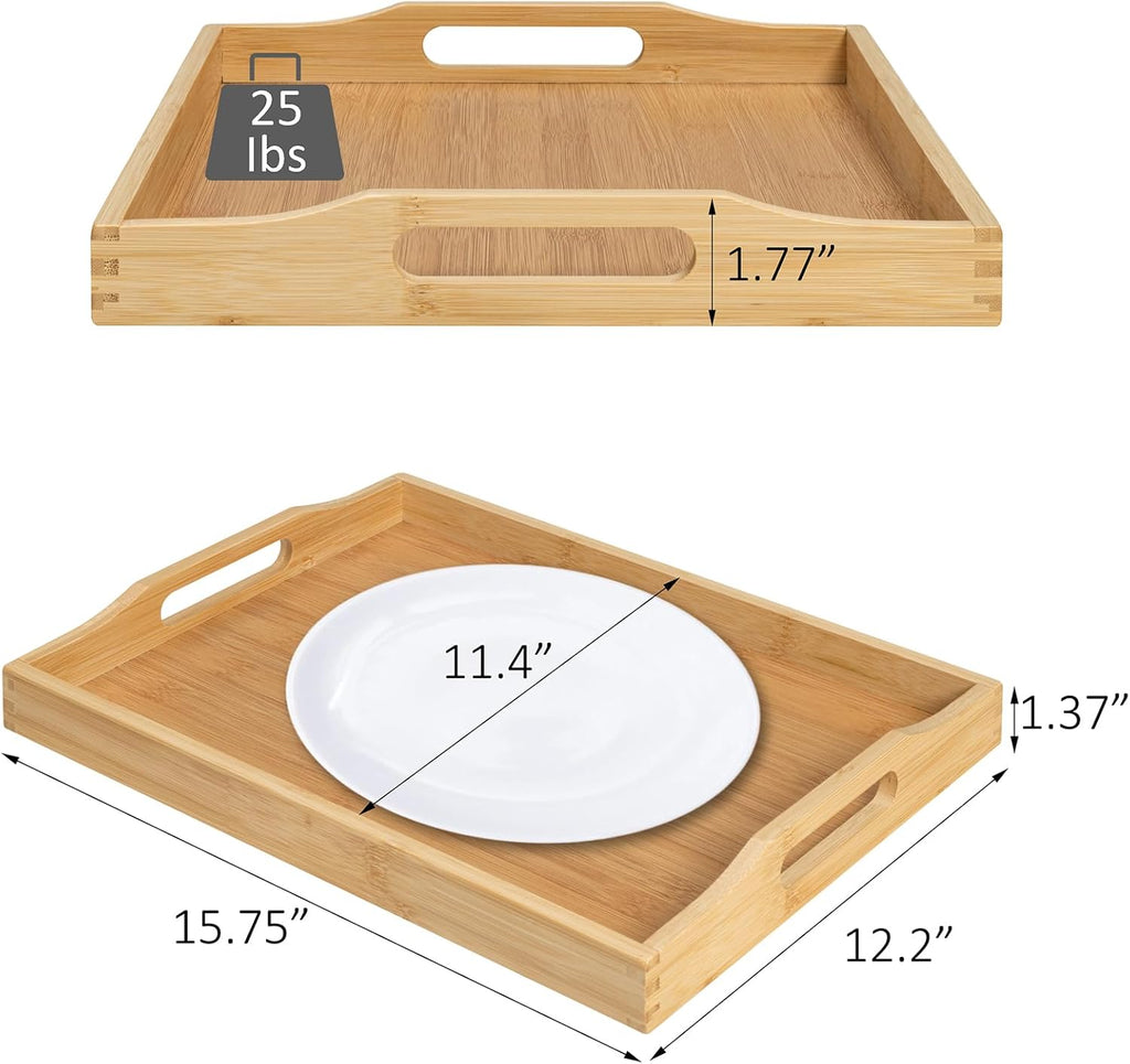 Bamboo Food Serving Tray with Handles, Breakfast Bed Tray for Tea,Snack,Dinner, Home Decorative Storage Food, Platter, Ottoman for Kitchen Counter, Bathroom, Restaurant (Beige)