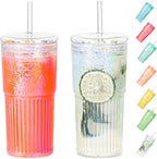 Colorful High Borosilicate Glass Cups With Lids and Glass Straws，20 OZ Rainbow Iced Coffee Water Tumbler Smoothie