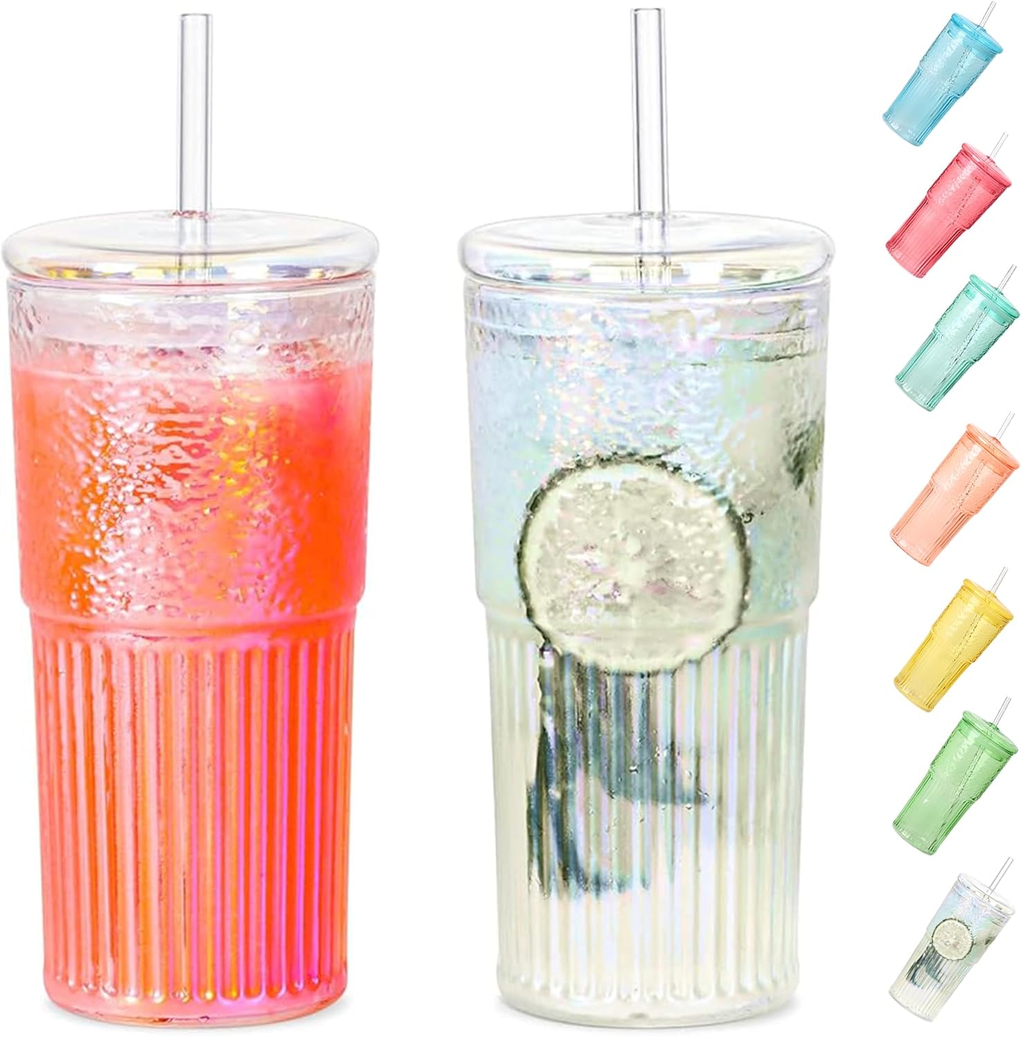 Colorful High Borosilicate Glass Cups With Lids and Glass Straws，20 OZ Rainbow Iced Coffee Water Tumbler Smoothie