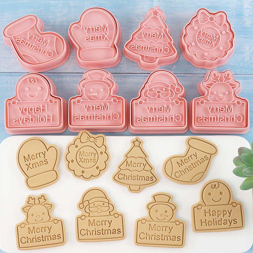 8 Piece Christmas Cookie Cutters, 3d Raised Design Gingerbread Cookie Stamps, Cookie Cutter Set suitable for Frosting Decoration, Mini Pie Molds, Apple Pie Pastry Biscuit Cutter (Christmas-F)