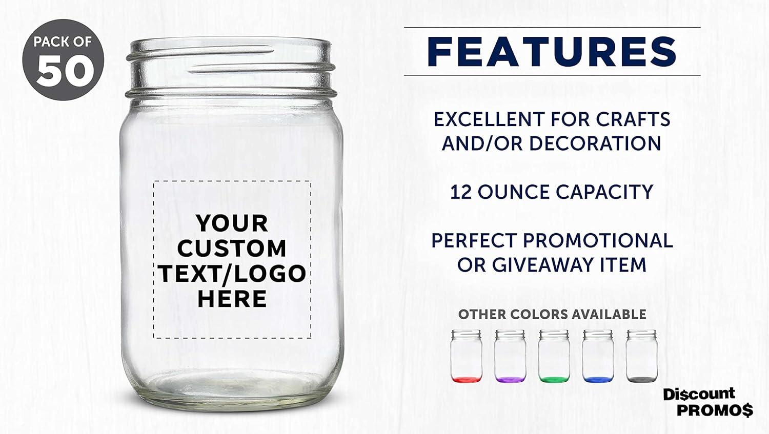 DISCOUNT PROMOS Custom Decorating Mason Jars 12 oz. Set of 50, Personalized Bulk Pack - Glass Jars for Overnight Oats, Candies, Fruits, Pickles, Spices, Beverages - Clear