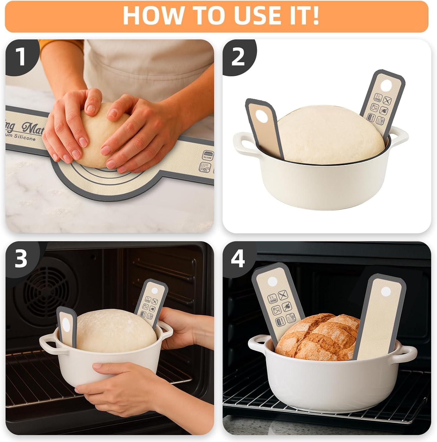 Silicone Bread Sling for Dutch Oven Baking, 2 PCS Easy Clean and Reusable Sourdough Silicone Baking Mat with Long Handles, Non Stick, Easy to Transfer Sourdough Bread, Grey