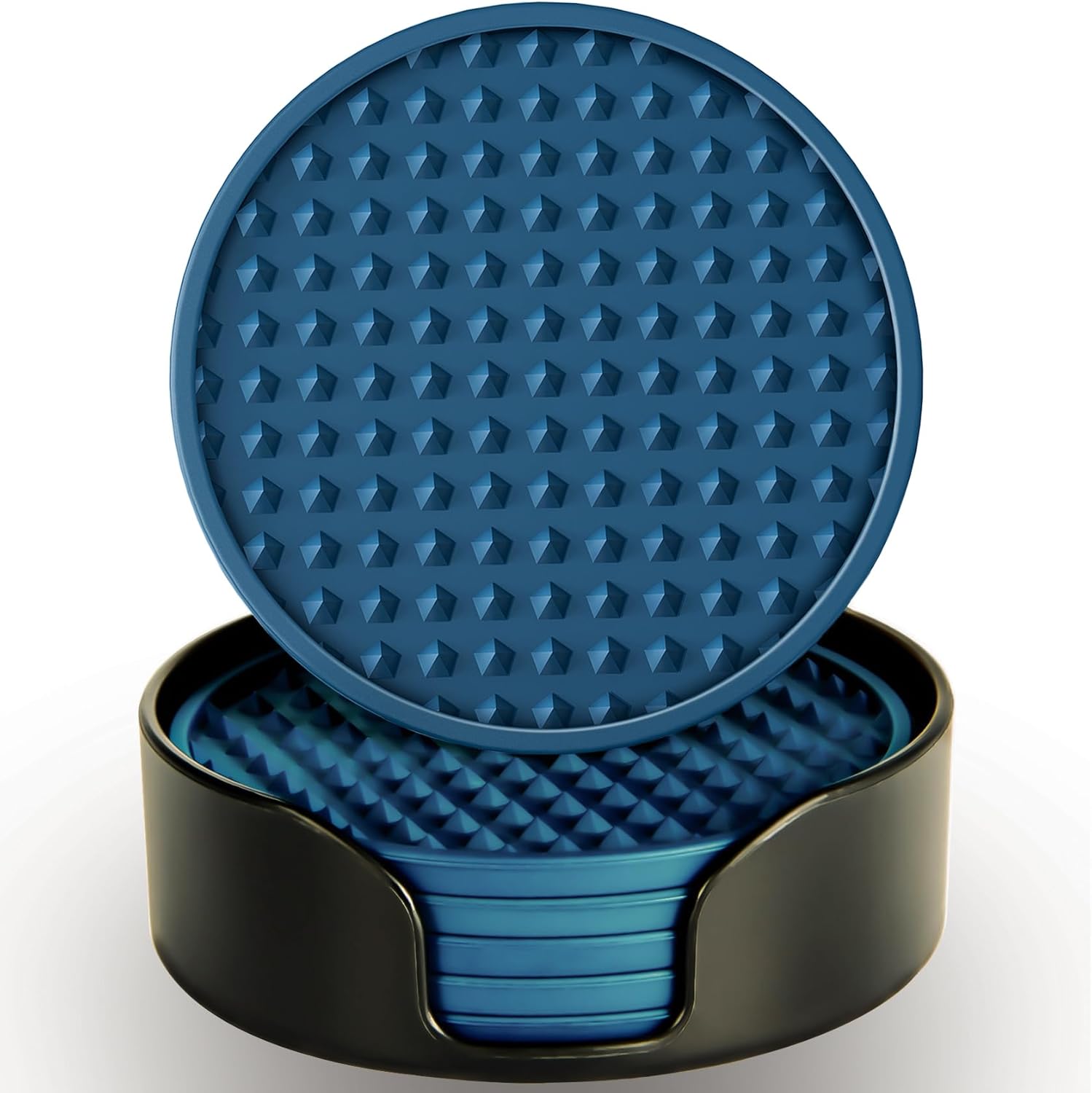 Coasters for Drinks 6 Pcs Drink Coaster with Holder,Heat Resistant Silicone Cup Mat Tabletop Protection,Non-Slip Rubber Coasters for Kinds of Cups (Blue)