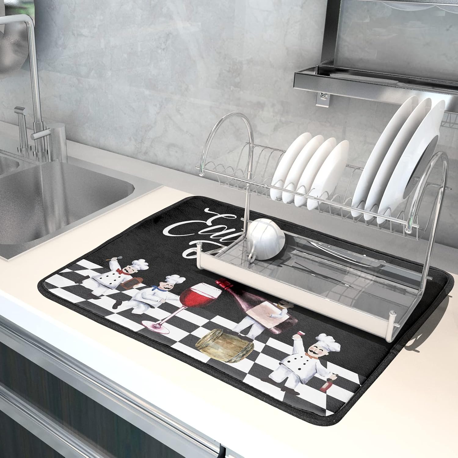Bistro Fat Chef Dish Drying Mat 18x24 Anti Fatigue Wine Plump Italian Red Glass Drainer Mat Black White Chubby Pasta Cook Check Dishes Pad Buffalo Plaid Dish Drainer Rack Mats Kitchen Decor