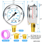 MEANLIN MEASURE 0~5000Psi Stainless Steel 1/4" NPT 2.5" FACE DIAL Liquid Filled Pressure Gauge WOG Water Oil Air Lower Mount, with 1/2" NPT and 3/8" NPT Hex Bushing
