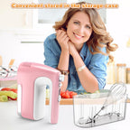 Hand Mixer Electric, 5-Speed Powerful 400W Motor, Hand Mixer Electric Handheld, Handheld Mixer with Turbo Boost & Storage Case, 2x Flat Beaters, 2x Dough Hooks, 1x Whisk for Baking (Pink)