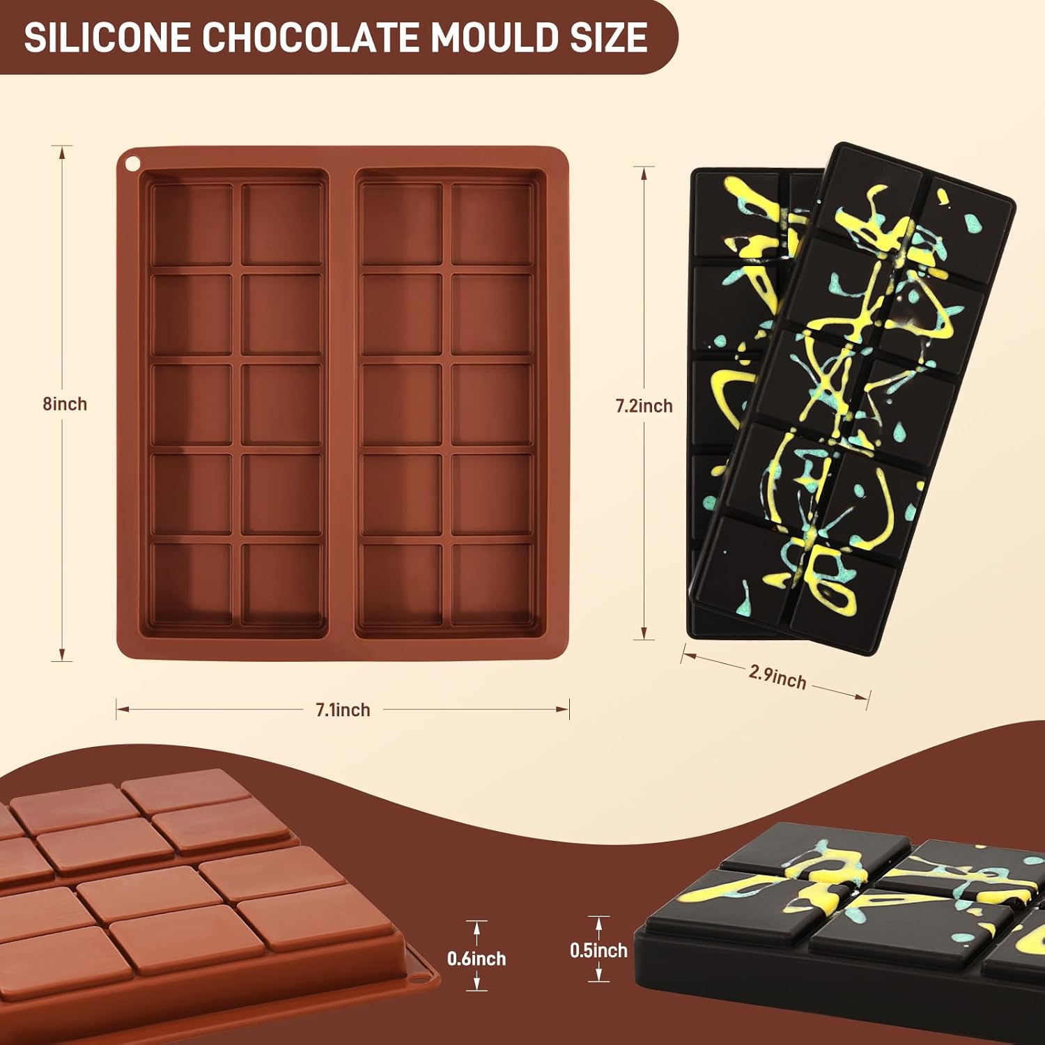 2 Pcs Chocolate Molds Silicone, Deep Chocolate Bar Mold, Non-Stick Food Grade Chocolate Mold for Dubai Chocolate Bar Pistachio, Candy and Chocolate Making - 20 Square Shape