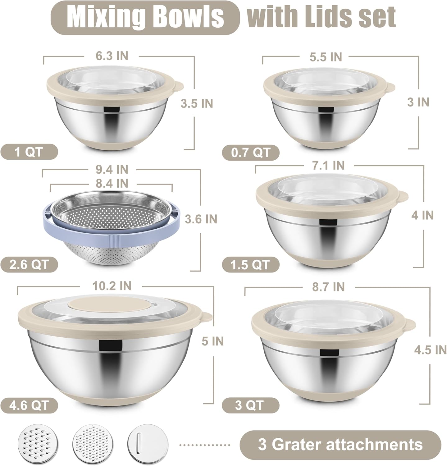 E-far Mixing Bowls with Lids Set, 15PCS Stainless Steel Mixing Nesting Bowl with Colander & 3 Metal Grater for Kitchen Prep/Baking/Storage, Non-Slip Bottom & Airtight Lid, 4.6, 3, 1.5, 1, 0.7QT, Khaki