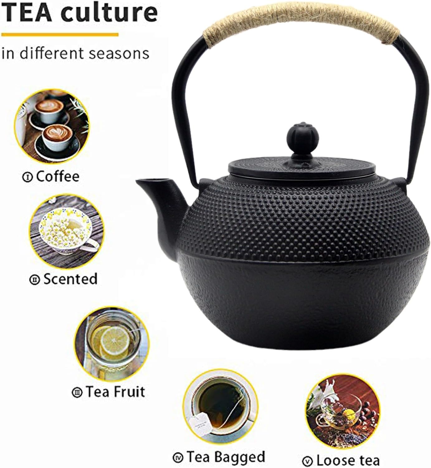40.6oz Cast Iron Teapot Set with Cast Iron Warmer, Japanese Tetsubin Tea Kettle Set with Cups,Cast Iron Teapot with Stainless Steel Infuser and Enameled Interior for Stovetop Safe(1200ml)