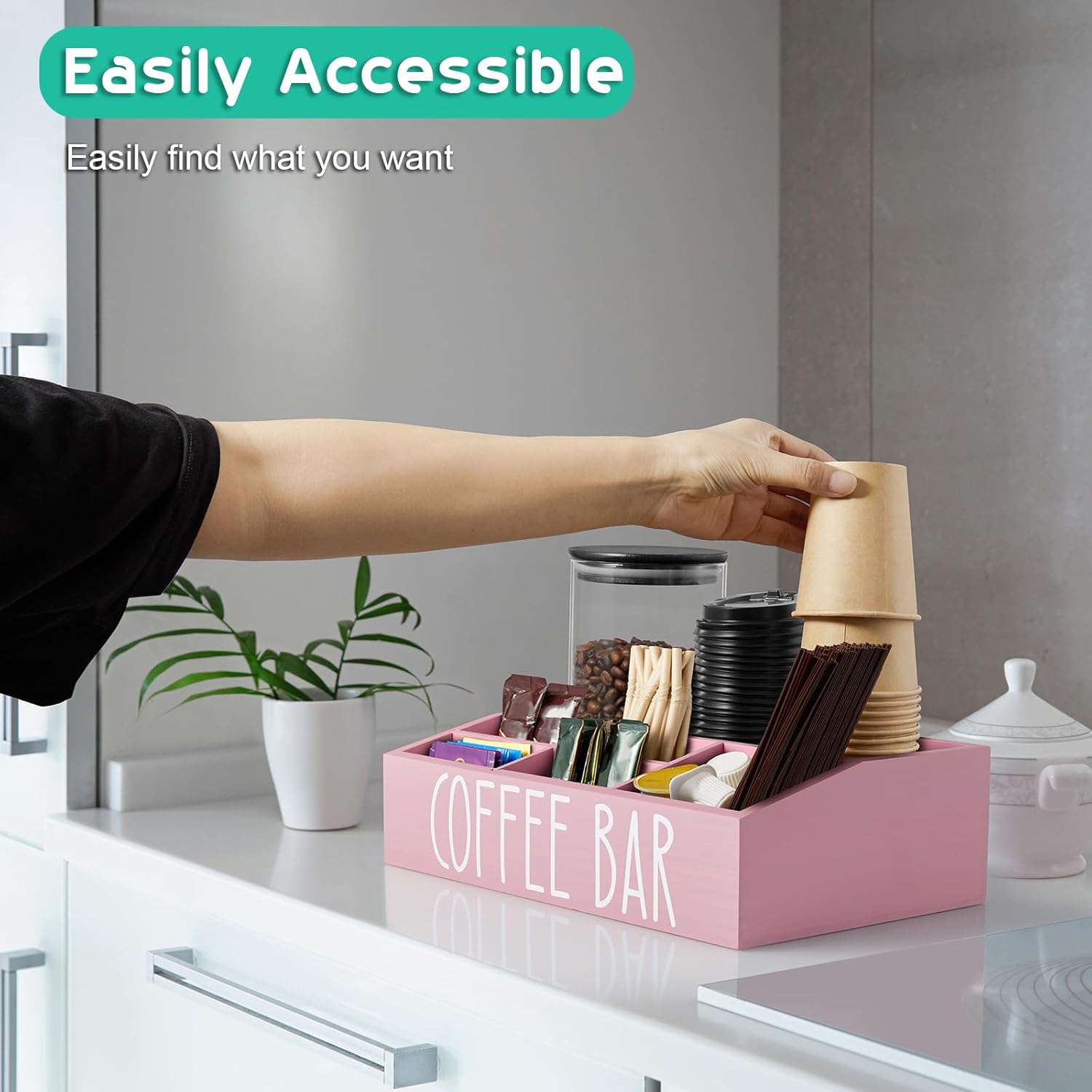 ALELION Pink Coffee Station Organizer for Countertop - 7 Compartments Coffee Bar Accessories and Organizer with Removable Dividers - for Pink Kitchen Coffee Bar Decor