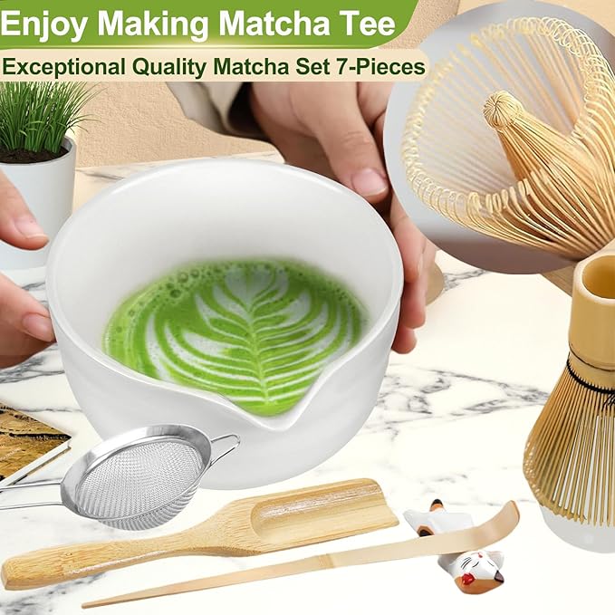 7 Pcs Matcha Whisk Set with Ceramic Bowl, Bamboo Scoop, Whisk, Holder, Sifter, Spoon and Scoop Holder, Tea Kit for Matcha Lover (White)