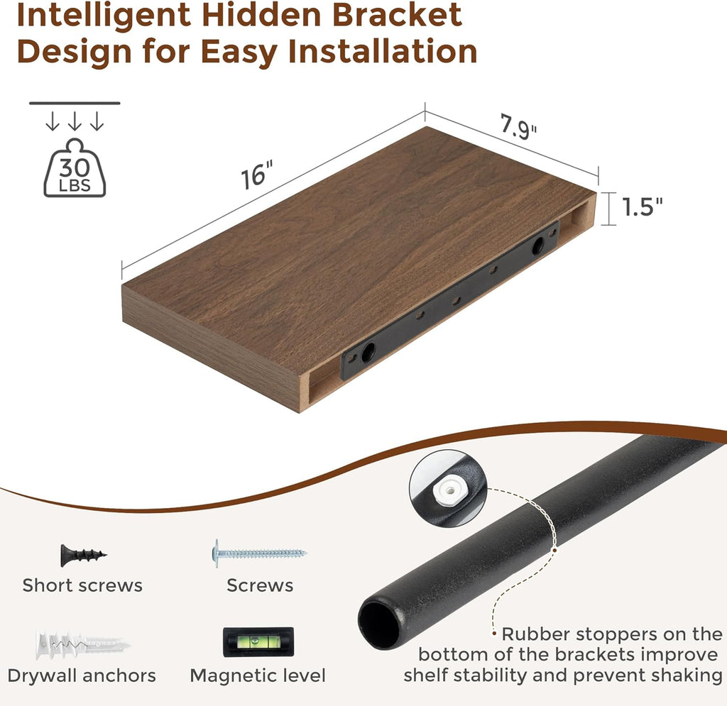 Heimlove 16 Inch Floating Shelves for Wall Walnut Shelves Set of 2,Wall Mounted Rustic Wood 8 Inch Deep Floating Shelf with Invisible Brackets for Bedroom Kitchen Living Room