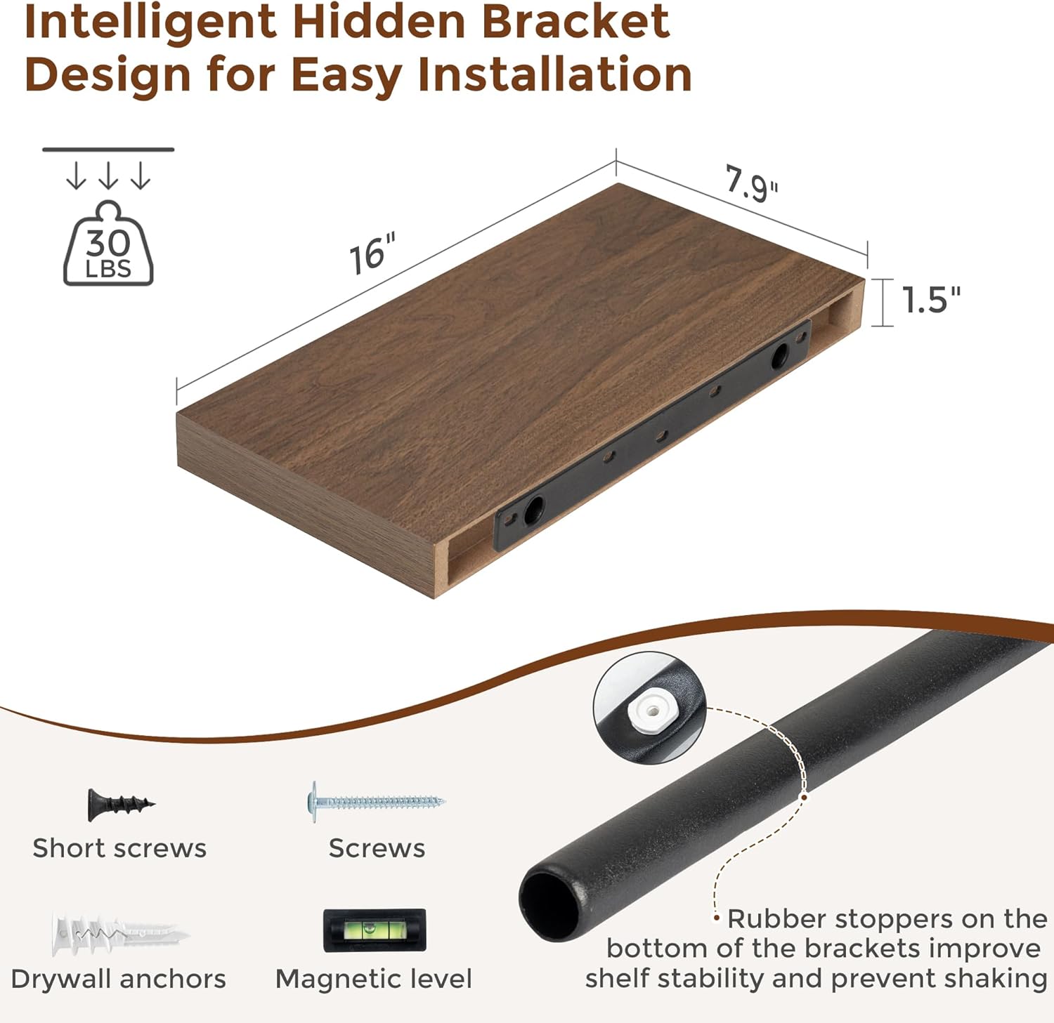 Heimlove 16 Inch Floating Shelves for Wall Walnut Shelves Set of 2,Wall Mounted Rustic Wood 8 Inch Deep Floating Shelf with Invisible Brackets for Bedroom Kitchen Living Room