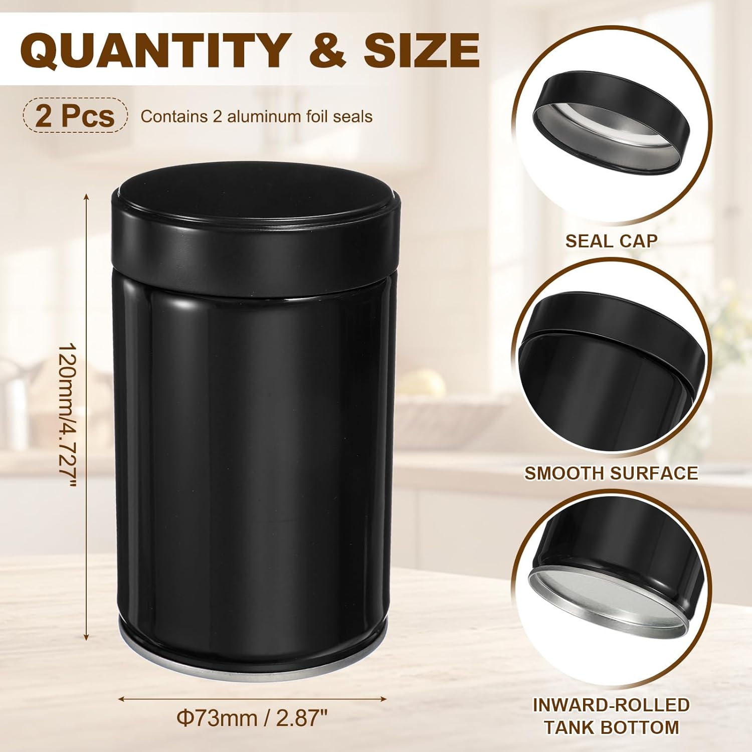 uxcell 2Pcs Round Tea Canisters, 5" x 3" Airtight Metal Tea Containers for Loose Tea, Coffee Beans, Spices - Durable, Compact, and Stylish Storage Tea Tin (Black)