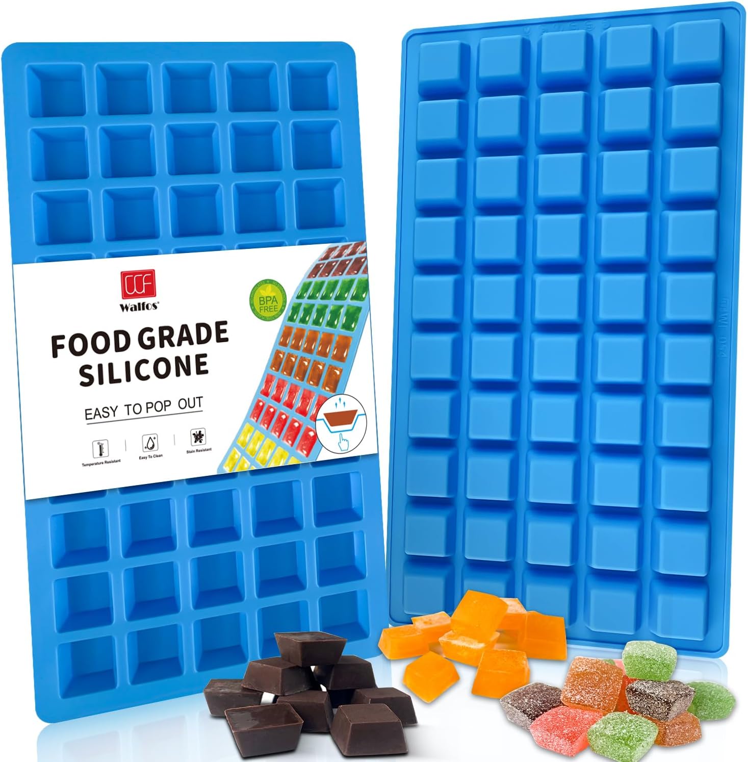Mini Square-Terrace Silicone Chocolate Molds 50 Cavities - Walfos Non Stick Silicone Candy Molds, Silicone Molds for Chocolate, Candy, Gummy, Jelly, Ice Cubes, Food Grade & Dishwasher Safe, 2 Packs
