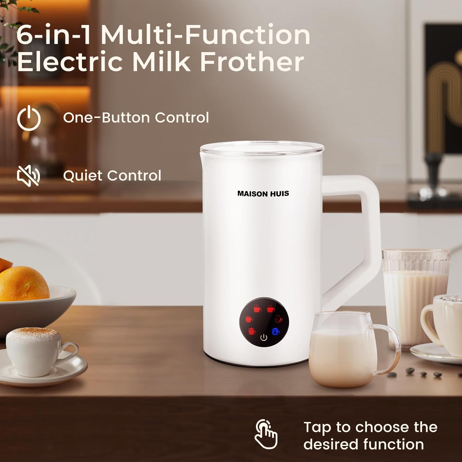 MAISON HUIS 6-IN-1 Milk Frother 550Watts, 20 oz Electric Stainless Steel, Hot and Cold Milk Frother for Latte, Macchiato, Cappuccino and Hot Chocolate, White