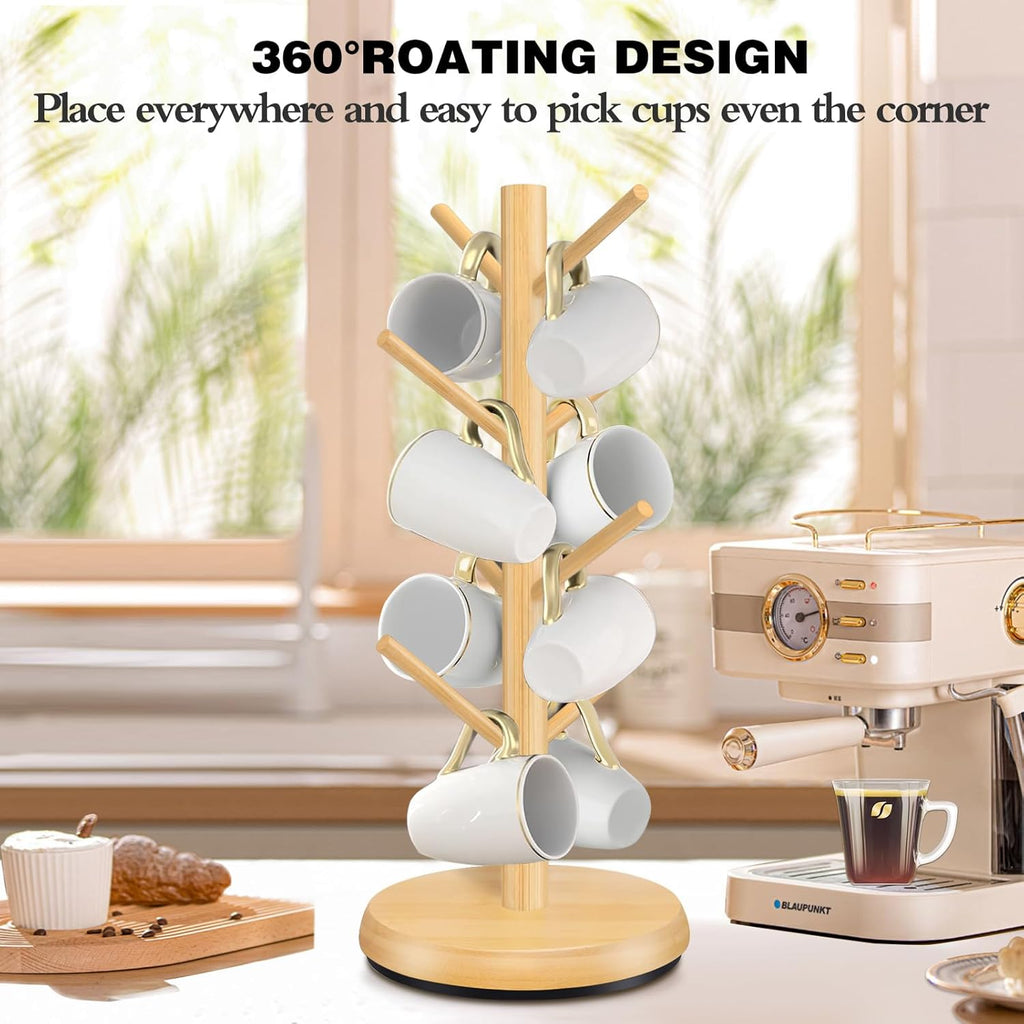 Mug Holder Tree,New Upgraded 360° Rotated 8 Hooks Coffee Cup Holder for Counter,Wood Coffee Mug Rack Standing for Coffe e Bar Accessories and Kitchen Home Organizer(Natural)