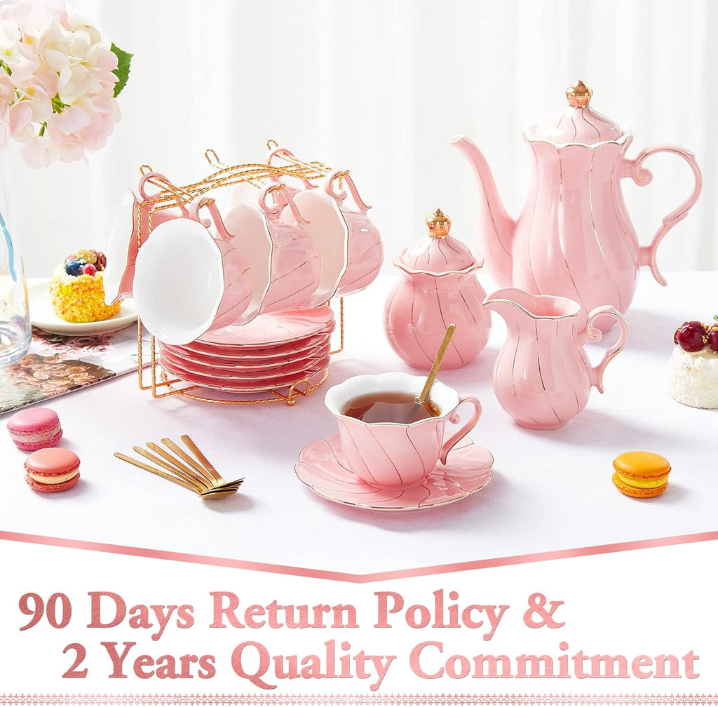 DUJUST 22 pcs Porcelain Tea Set for 6, Luxury British Style Tea/Coffee Cup Set with Golden Trim, Beautiful Tea Set for Women, Tea Party Set, Gift Package (With a Stand) - Pink