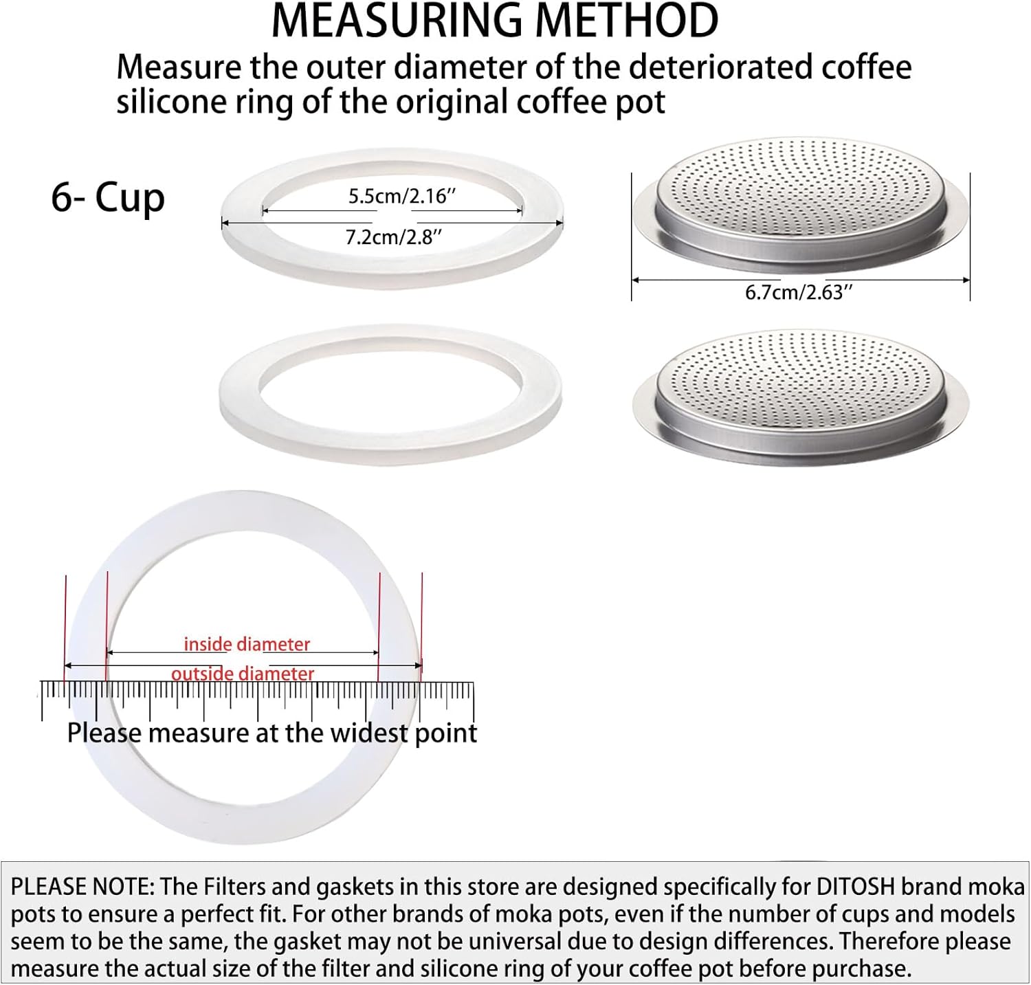 2 Pcs Filter with 3 Pcs Silicone Gasket Seals for 6 Cup Stovetop Espresso Coffee Maker Replacement Parts for DITOSH Aluminium Moka Pot