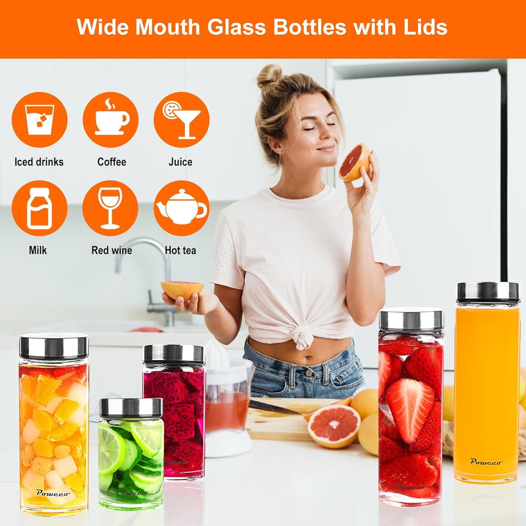 20oz Glass Juice & Water Bottles 6-Pack with Lids- Wide Mouth Reusable Borosilicate Glass- for Juicing, Smoothies, Protein Shakes, Blender & Shaker Bottle- Refillable & Dishwasher Safe(20 oz/600ml)