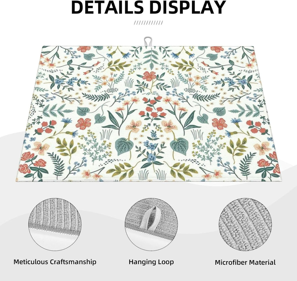 2Pcs Dish Drying Mats Faucet Mats Sets Large Size Coffee Mats Sink Faucet Mat Splash Guard for Kitchen Counter Bathroom Sink Coffee Bar Kitchen Decor (Wildflowers 1, 18"x24" 15" x 5.5"Set)