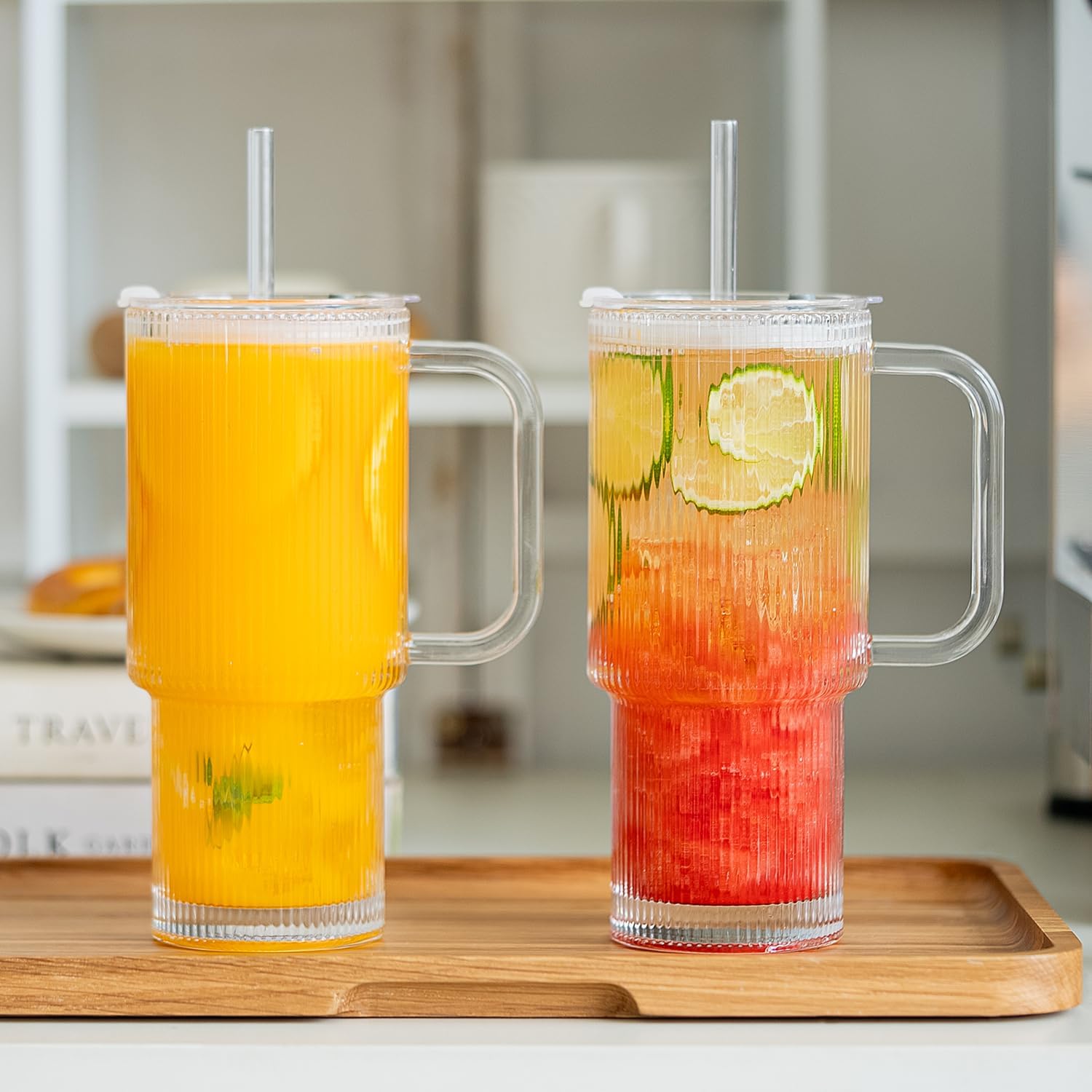 KEMORELA 2-Pack 26oz Ribbed Glass Tumblers with Handle & Lid – Large Iced Coffee Cups with Straws, Aesthetic Glass Mugs for Cold & Hot Drinks, Reusable Smoothie & Tea Cups (2PCS Ribbed Tumblers)