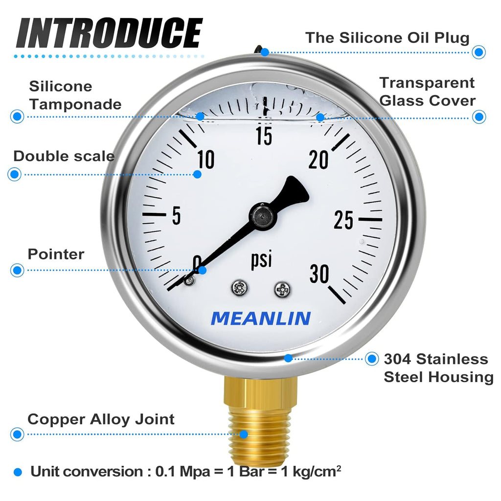 MEANLIN MEASURE 0~30Psi Stainless Steel 1/4" NPT 2.5" Single Scale FACE DIAL,Glycerin Filled Pressure Gauge, WOG Water Oil Air Lower Mount, with 1/4" x 1/2" NPT and 1/4" x 3/8" NPT Hex Bushing