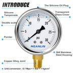 MEANLIN MEASURE 0~30Psi Stainless Steel 1/4" NPT 2.5" Single Scale FACE DIAL,Glycerin Filled Pressure Gauge, WOG Water Oil Air Lower Mount, with 1/4" x 1/2" NPT and 1/4" x 3/8" NPT Hex Bushing