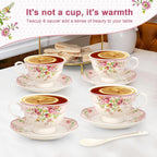 Cup and Saucer Sets of 6 with Spoon, 8oz Ceramic Tea Cups Saucers Set Porcelain New Bone China Floral Vintage Coffee Cup & Saucer Sets -Microwave Dishwasher Safe (Pink)