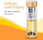 15oz Double Wall Glass Water Bottle with Bamboo Lid and Tea Infuser – Insulated, Leak-Proof, and Eco-Friendly Travel Tea Mug with Filter for Hot or Cold Beverages