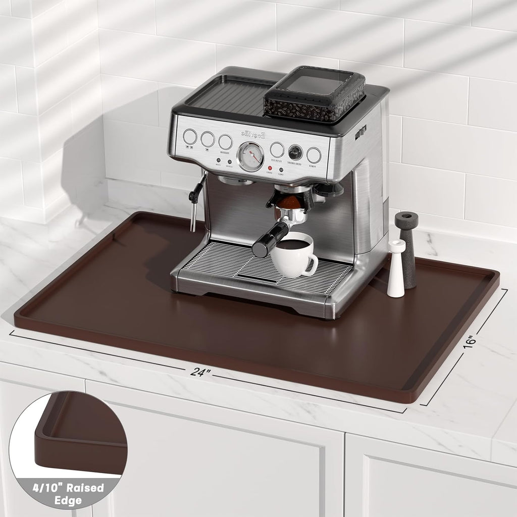 Rnivvi Silicone Coffee Mat, 16" x 24" Waterproof Raised Edge Coffee Bar Mats for Espresso Machine Station Accessories, Heat Resistant Dish Drying Pad for Kitchen Counter, Rubber Bar Decor Pad, Brown