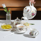 Sweejar Porcelain Tea Sets, Vintage British Floral Relief Gold Rimmed Teapot Cup and Saucer Set, Tea Set Service for 6, with Teapot, Sugar Bowl, Milk Jug, Spoons, Tea Cup and Saucer (Flower Style)