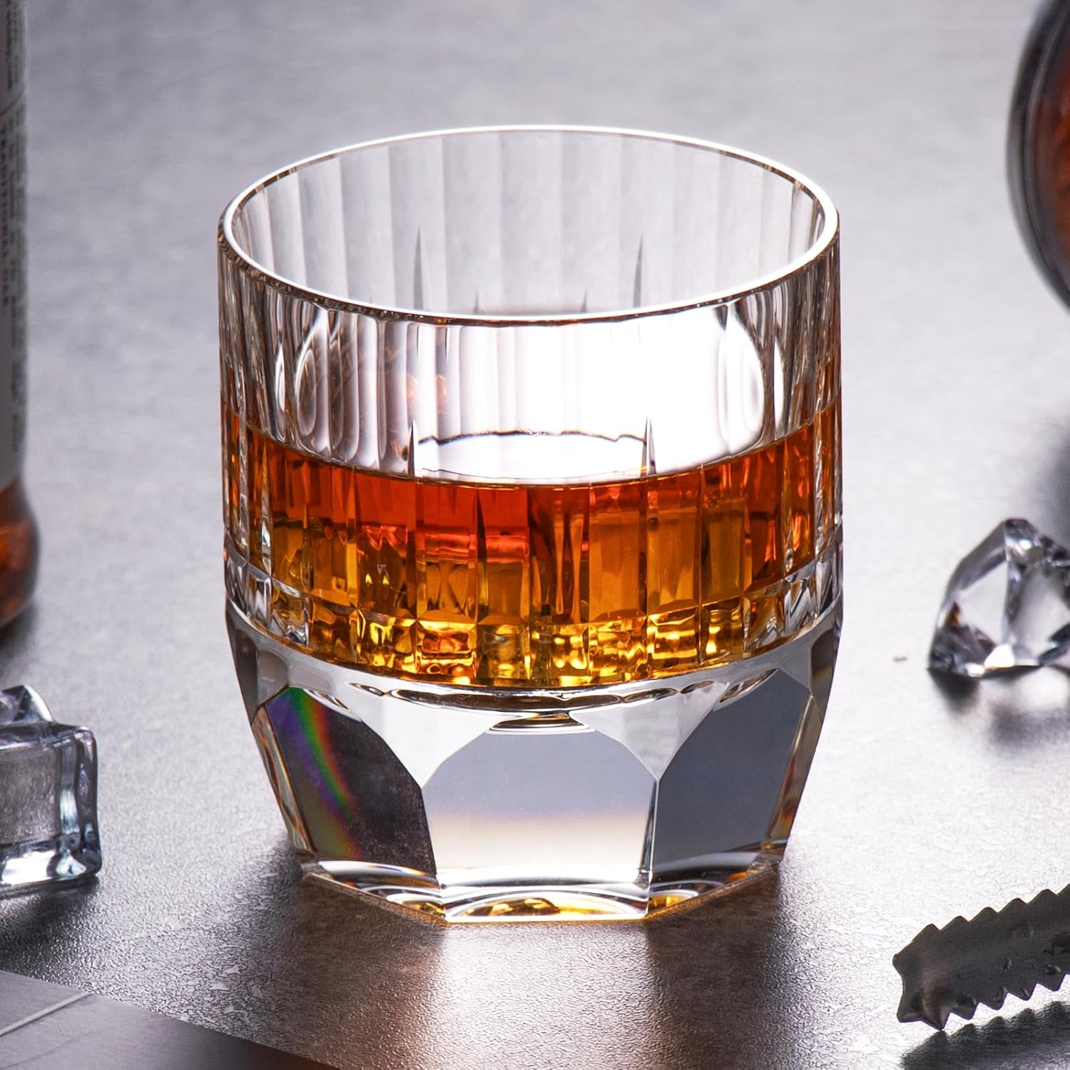 KAMMAK Crystal Whiskey Glasses Set of 2, 7.44oz Old Fashioned Glasses Stemless, Luxury Hand Blown White Cocktail Glasses, Handcrafted Cut Design Octagon Cup for Women, Men Gift for Bourbon