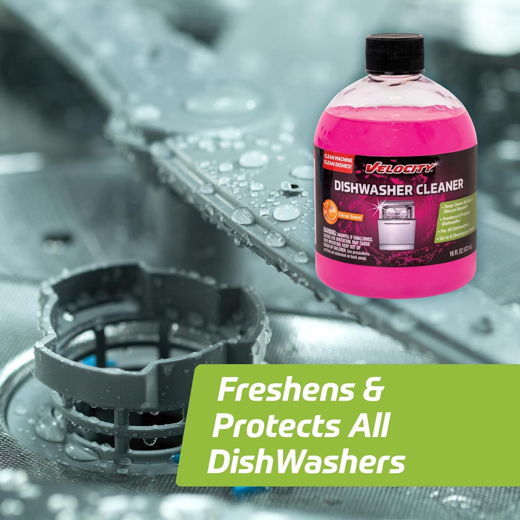 Velocity Dishwasher Cleaner and Deodorizer – 8 Uses Per Bottle. Dishwasher Cleaner and Descaler Deodorizes Interior for Sparkling Dishes, Freshens Machine & Neutralizes Odor