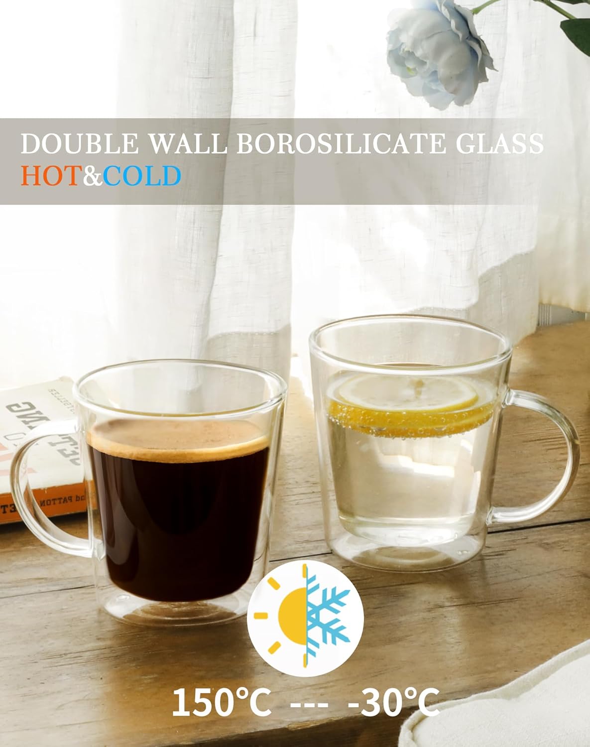 LIBWYS 12oz Double Wall Glass Coffee Mugs, Cappuccino Latte Tea Cups with Handle, Heat Resistant Borosilicate Insulated Clear Glasses (Set of 6)