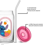 JoyJolt Disney Stitch Island Vibes Glass Tumblers with Lids and Straws, 16oz Glass Cups with Lids and Straws, Can Shaped Drinking Glasses Set of 4, Stitch Stuff, Disney Gifts for Adults