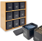 AllSpice Tea Organizer Rack with 9 Tins & 160 Magnetic Labels – Perfect for Bagged & Loose Leaf Tea Organization - Bamboo
