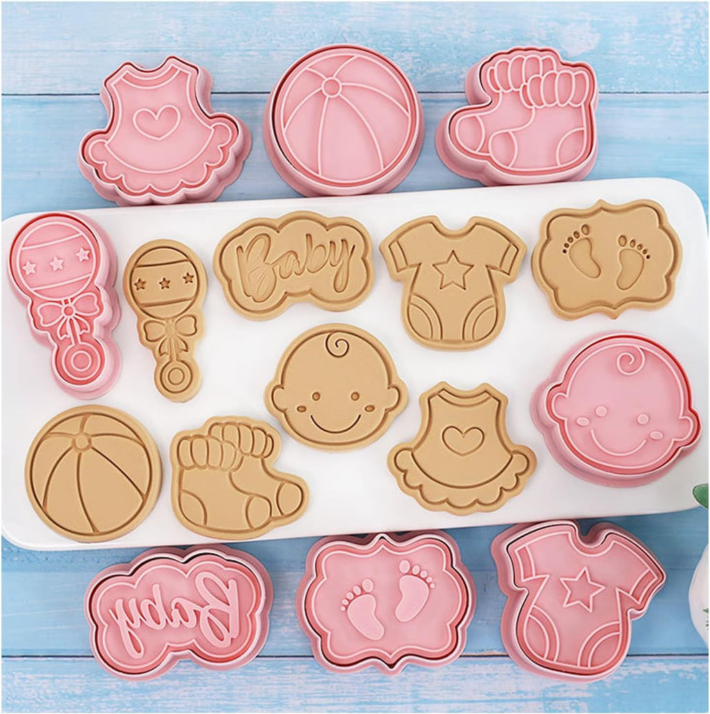 8 Pcs Cute Baby Shower Cookie Cutters for Baking Plastic Cookie Stamps Newborn Party Biscuit Mould Set DIY Fondant Biscuit Stamps Kitchen Tools(L8)