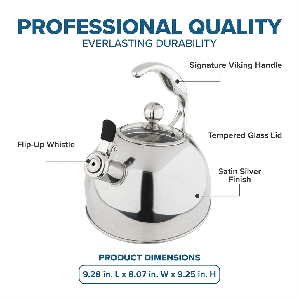 Viking 3-Ply Stainless Steel Tea Kettle, 2.6 Quart Stovetop Hot Water Pot with Tempered Glass Lid, Ergonomic Handle, Induction Ready, Satin Silver