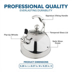 Viking 3-Ply Stainless Steel Tea Kettle, 2.6 Quart Stovetop Hot Water Pot with Tempered Glass Lid, Ergonomic Handle, Induction Ready, Satin Silver