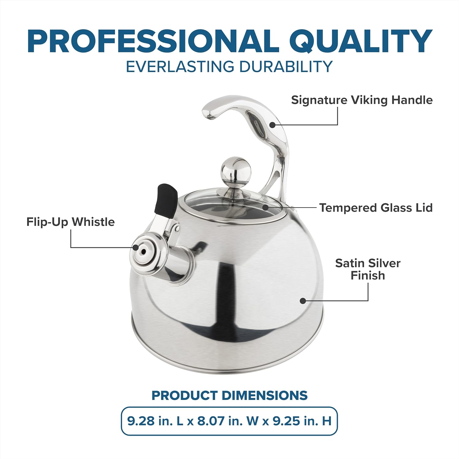 Viking 3-Ply Stainless Steel Tea Kettle, 2.6 Quart Stovetop Hot Water Pot with Tempered Glass Lid, Ergonomic Handle, Induction Ready, Satin Silver