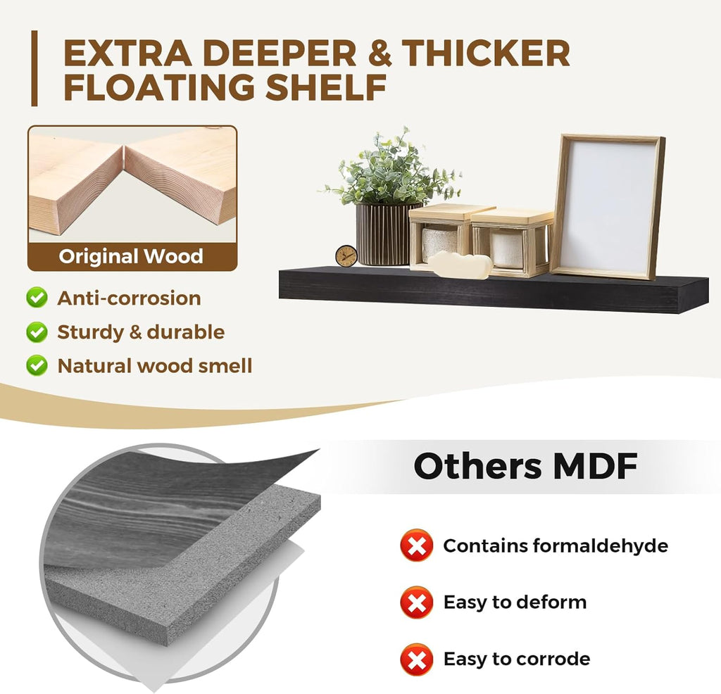 36x8x1.6 inch Floating Shelves Set of 2 – Solid Wood Rustic Black Wall Mounted Shelf for Kitchen, Bathroom, Living Room