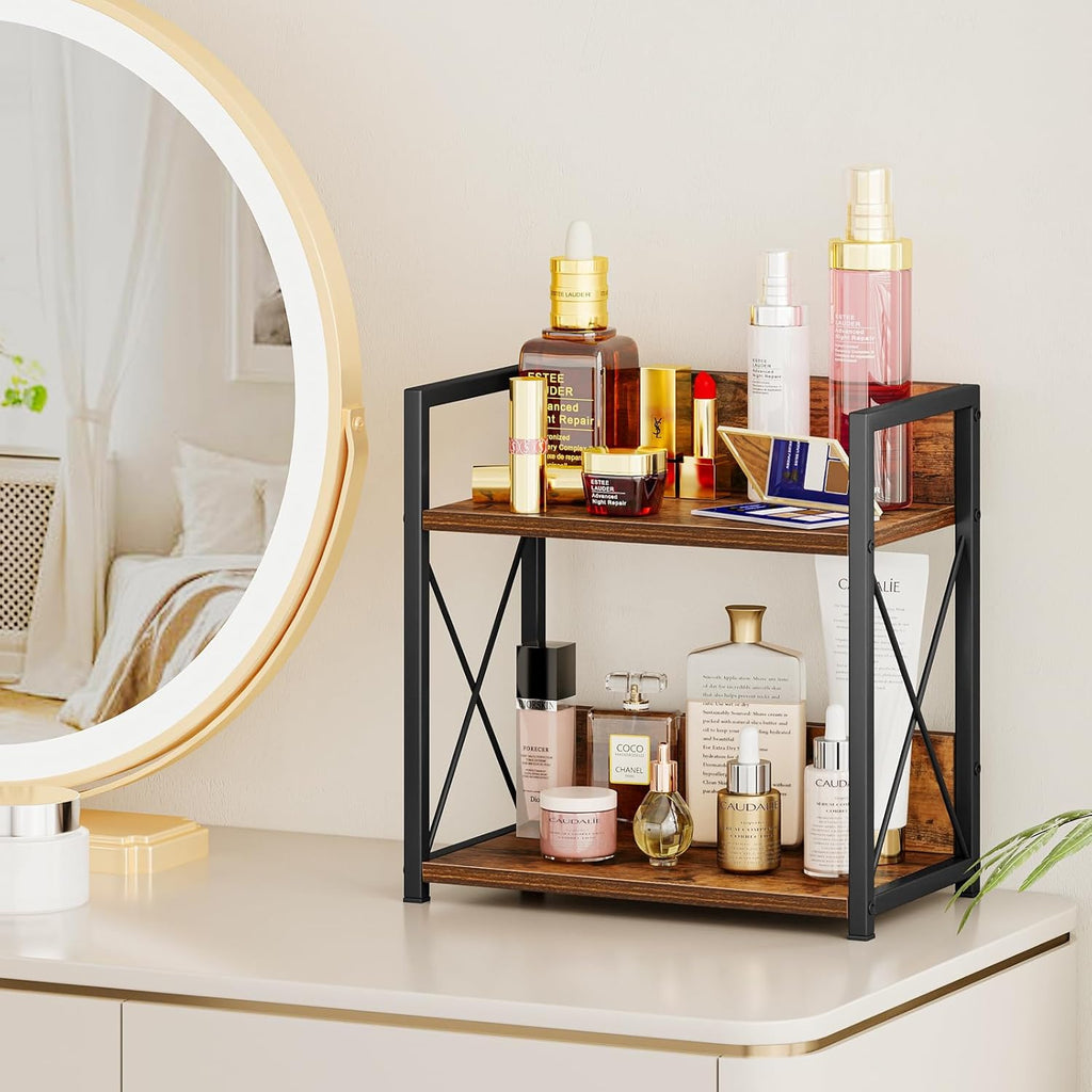 Giikin Kitchen Countertop Organizer, 2 Tier Spice Rack Organizer for Pantry, Kitchen Counter Shelf Wood Coffee Station Organizer (Brown, M)