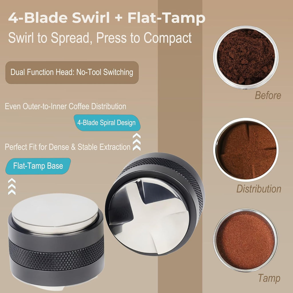 51mm Coffee Distributor & Tamper - Dual Head Adjustable Depth for Breville Barista Pro/Express/Touch - 304 Stainless Steel Coffee Leveler and Hand Tamper, Black