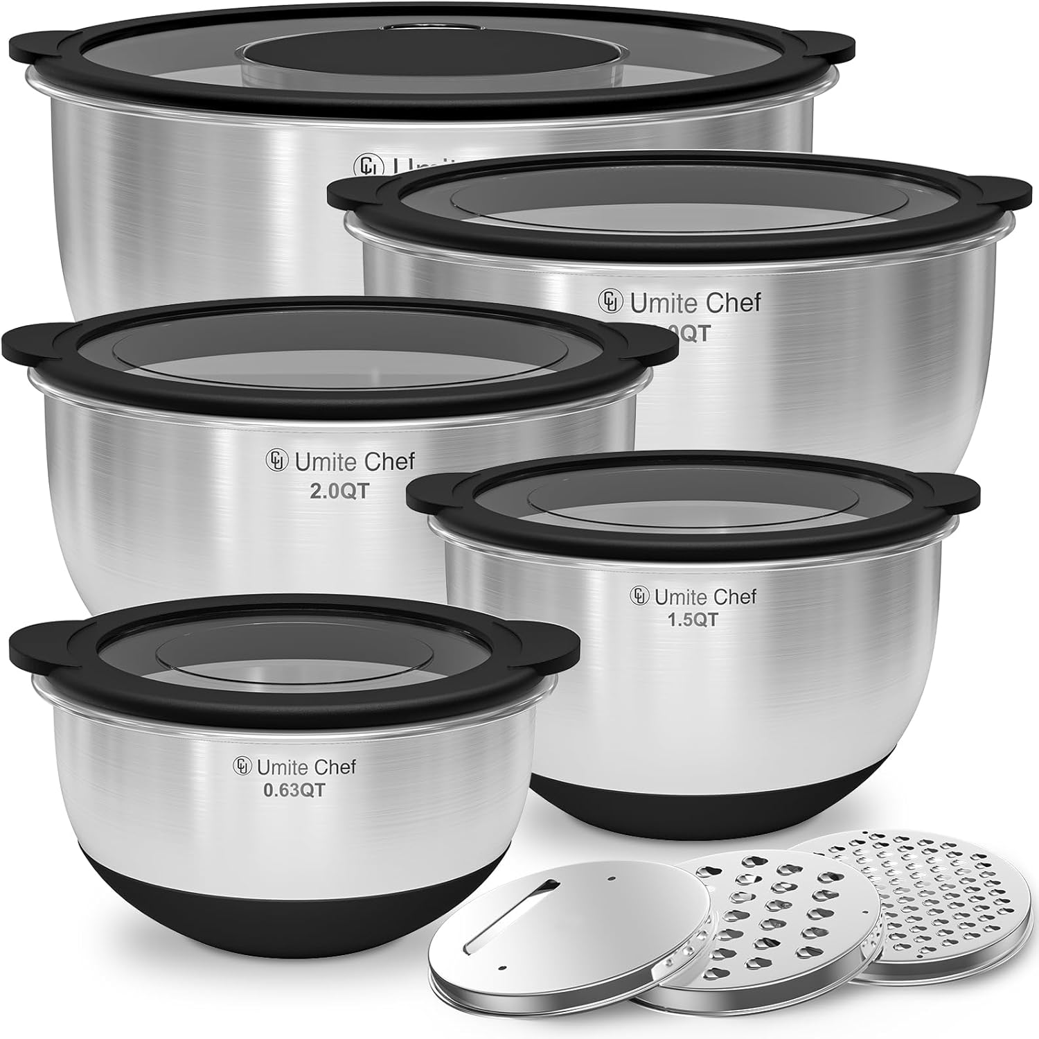 Mixing Bowls with Lids Set - Non-Slip, Airtight Warp-Proof TPR-AS Lids, Thicker Stainless Steel Bowls, Measurement Lines & 3 Graters, Prep Meal Bowl, Black Nesting Bowl for Kitchen, 5/3/2/1.5/0.63QT