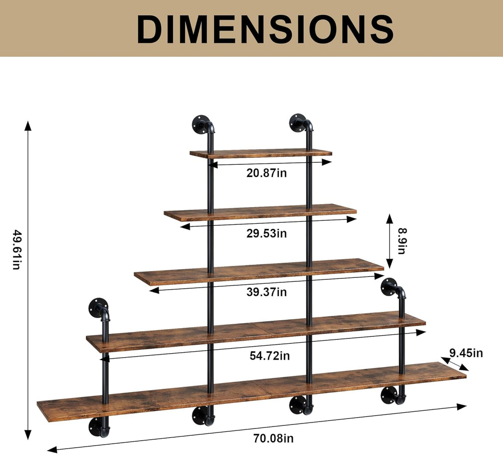 70" Industrial Pipe Shelving - 5 tier Rustic Solid Wood and Heavy Duty Metal Pipe Shelves for Wall,Kitchen Shelves Wall Mounted,Floating Bookshelf,Wall Shelves for Bathroom,Living Room,Coffee Bar